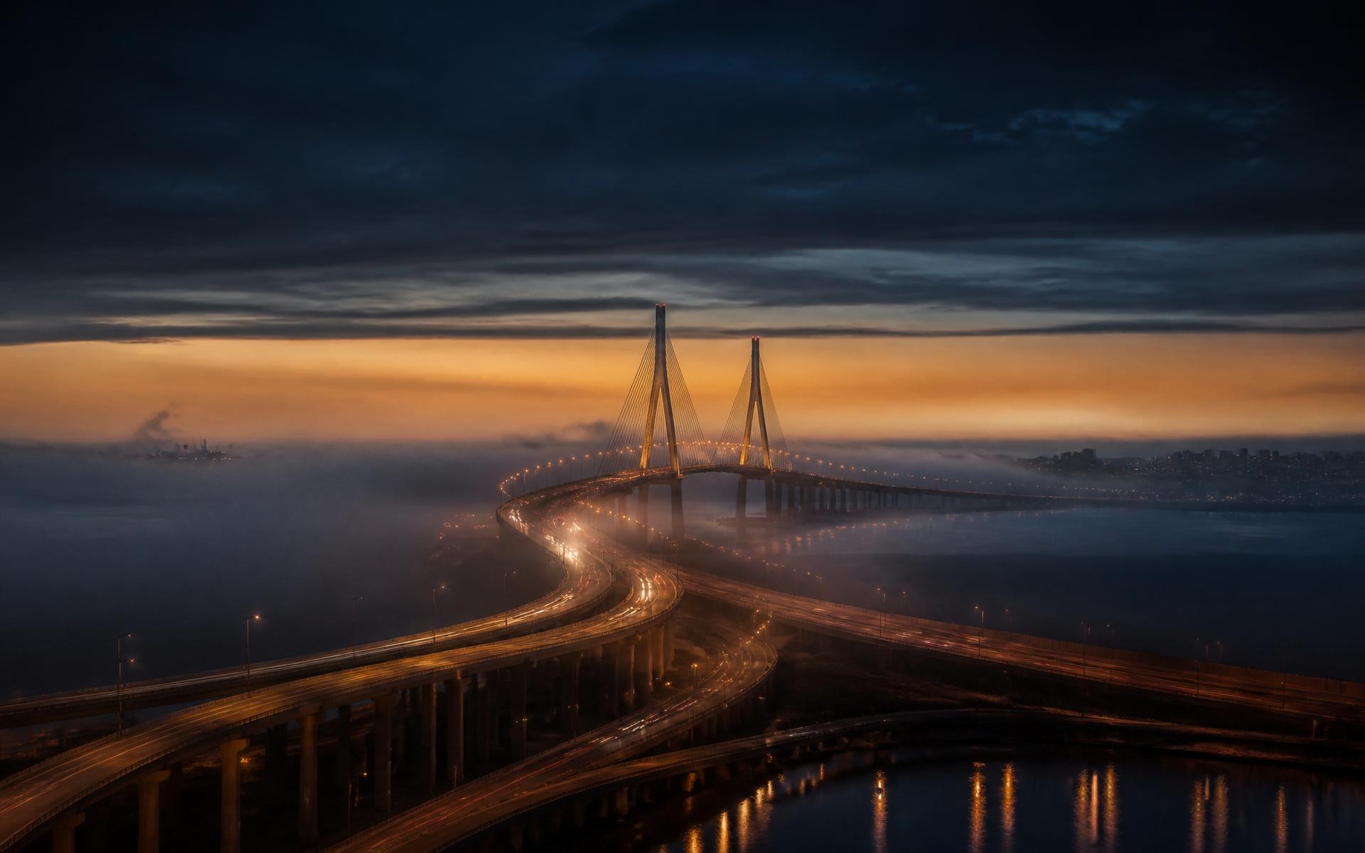 Cable-stayed bridge at dusk over Florida coastal fog